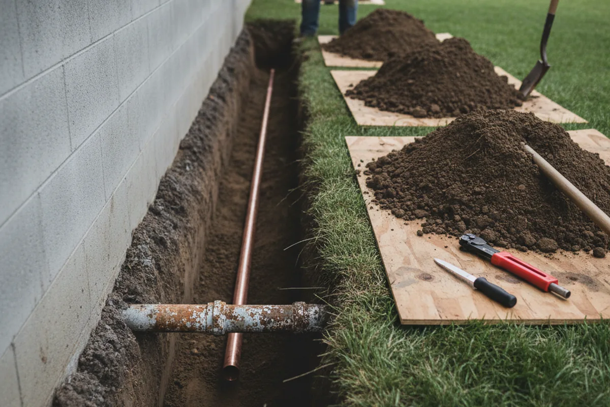 Excavated water line trench during Water Softener Installation in Rockfield